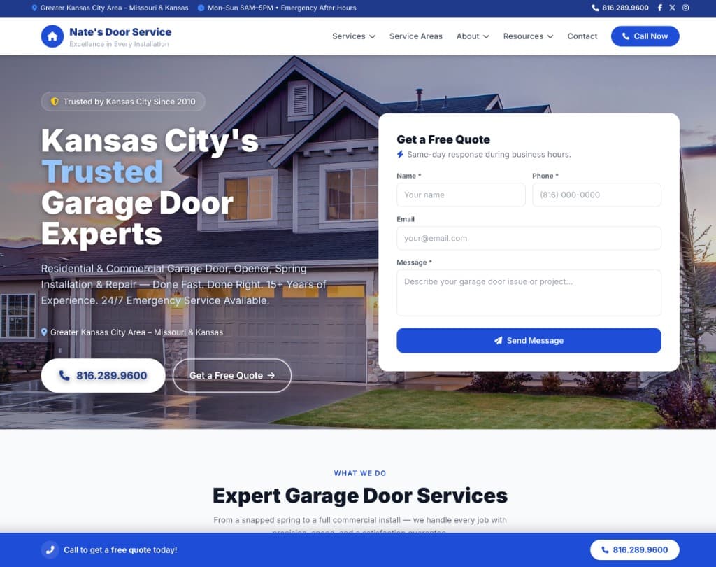 Desktop view of Nate's Door Service website