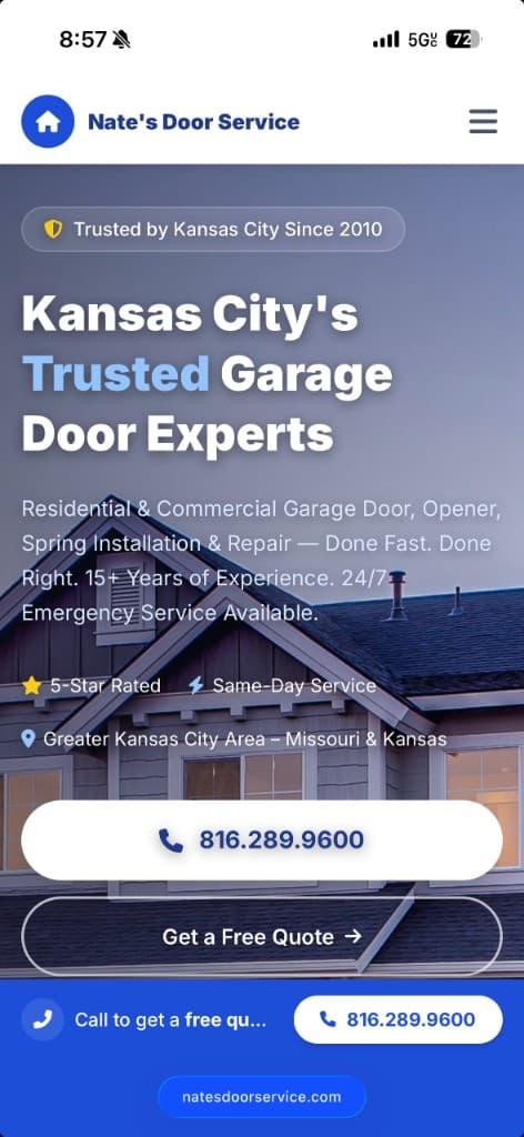 Mobile view of Nate's Door Service website